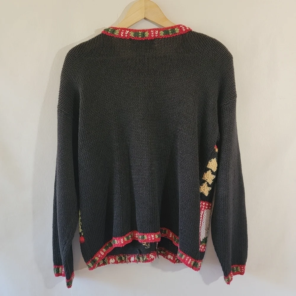 VTG TIARA 3-D Knit Ugly Sweater Cardigan Sz L Cottagecore Heavy Knit Home Trees